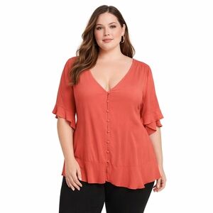 torrid Rust Button-Front V-Neck Ruffle Sleeve Blouse